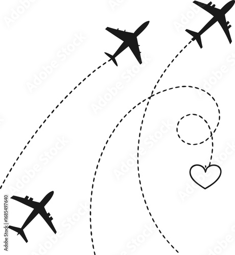 Minimalist Airplane Silhouettes – Vector Illustration with Dotted Flight Paths