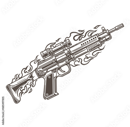 Stylized vector illustration of a military assault rifle with flame graphics