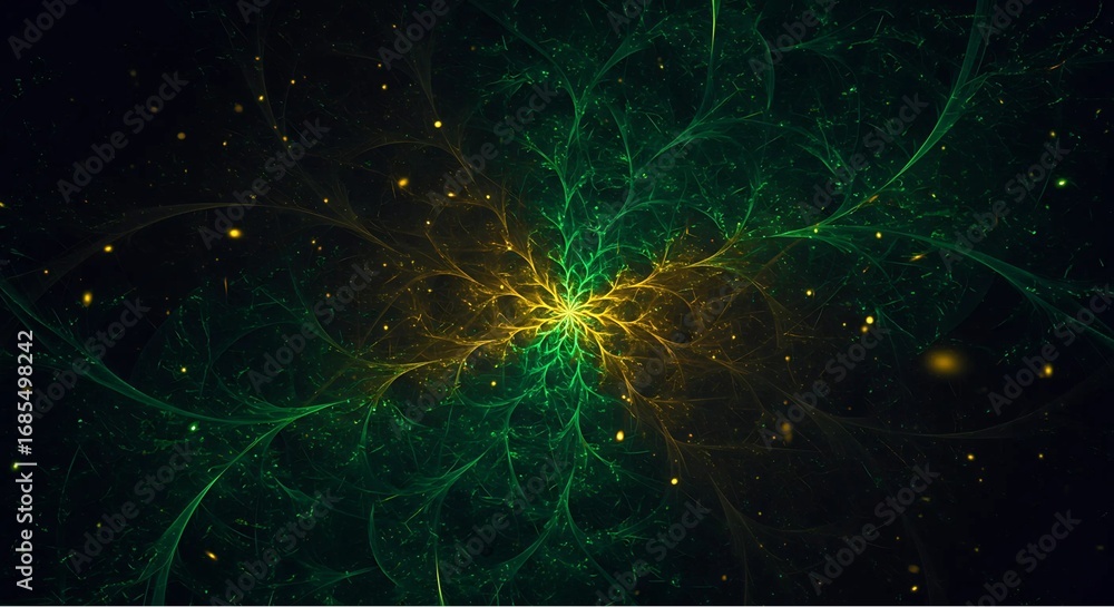 Fototapeta premium Abstract Cosmic Energy Explosion with Green and Yellow Fractal Light Patterns in Space