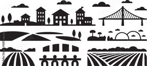 Rural Landscape with Cityscape Silhouette Vector Illustration Background Scene