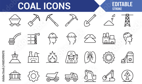Stroke style coal icons pack including shovel, helmet, fire, gear, smoke, and industrial transport symbols