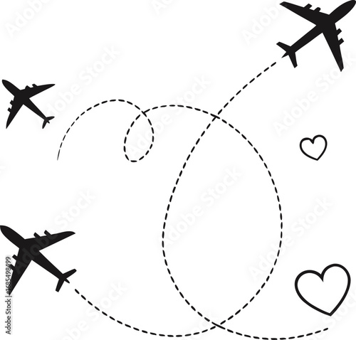 Minimalist Airplane Silhouettes – Vector Illustration with Dotted Flight Paths