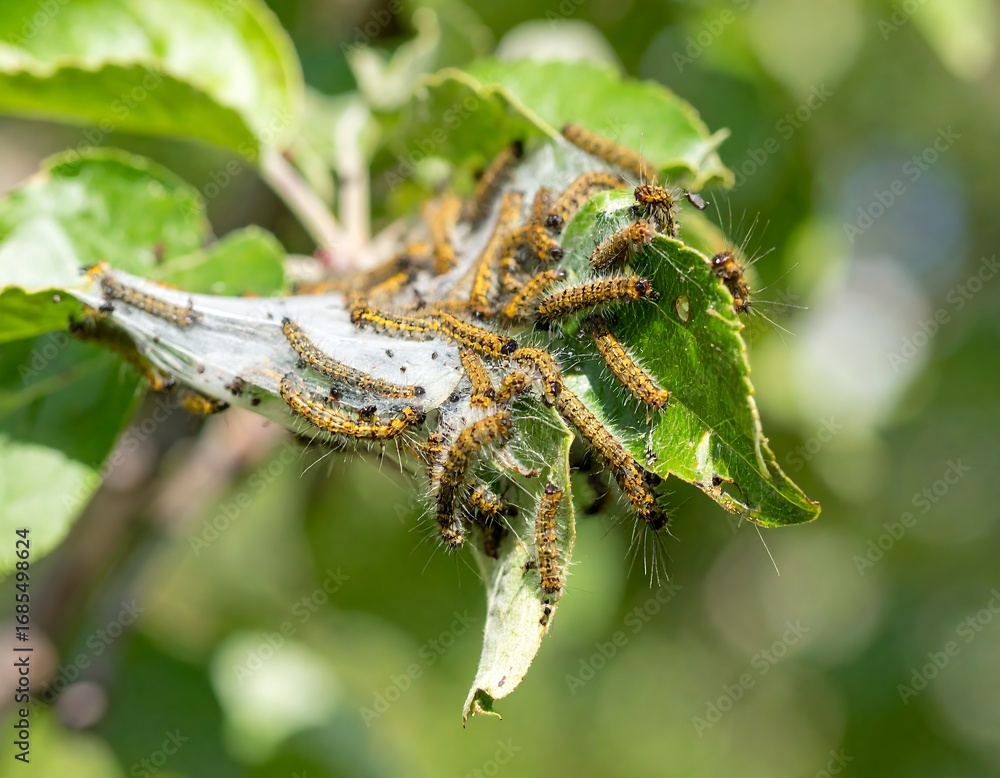 Naklejka premium Caterpillars clustered on an apple leaf