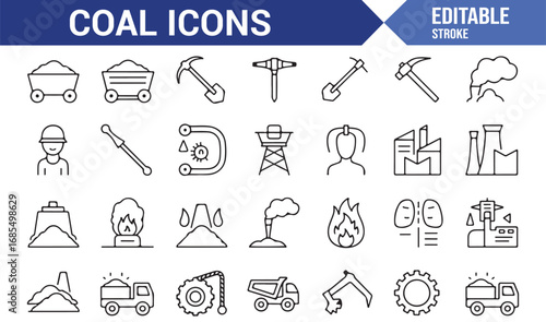 Mining and coal industry icon collection with energy, deposit, mineral, production, and excavator graphics