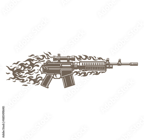 Vector illustration of a modern assault rifle with fire emitting from the barrel