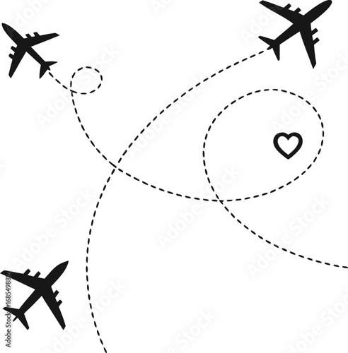 Minimalist Airplane Silhouettes – Vector Illustration with Dotted Flight Paths