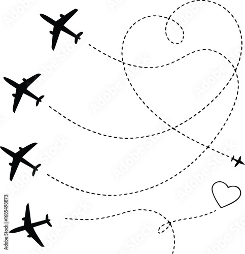 Minimalist Airplane Silhouettes – Vector Illustration with Dotted Flight Paths