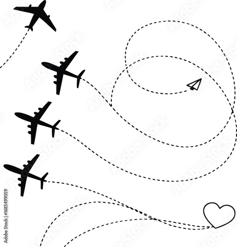 Minimalist Airplane Silhouettes – Vector Illustration with Dotted Flight Paths