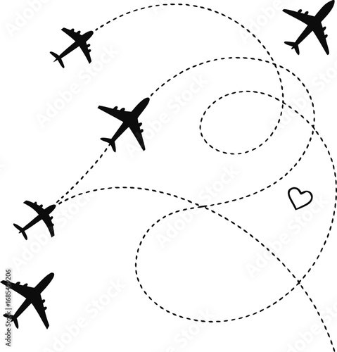 Minimalist Airplane Silhouettes – Vector Illustration with Dotted Flight Paths