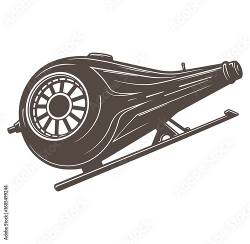 Vintage style illustration of an antique cannon with wheel and sled base isolated