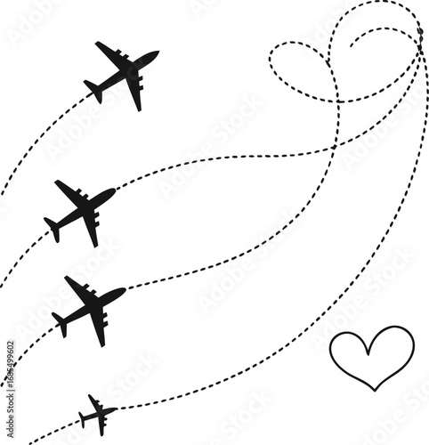 Minimalist Airplane Silhouettes – Vector Illustration with Dotted Flight Paths