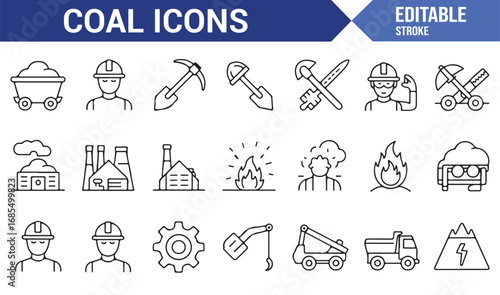 Editable stroke coal icons collection with miner, pickaxe, excavator, dump truck, and industry graphics