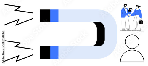 Horseshoe magnet emits waves, attracting icons of individuals and business interactions. Ideal for networking, customer engagement, marketing, attraction, influence, connection building, magnetic