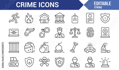 Vector crime icons pack in stroke line style featuring hacker, theft, court, bomb, and patrol symbols