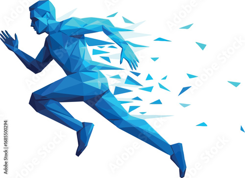 Vector vector art of abstract polygonal runner in motion, breaking apart into geometric shapes, transparent background