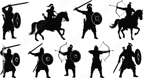 Ancient warrior silhouettes, medieval fighters, sword combat, cavalry, archers, shields, battle stance, historical armor, horseback warriors, traditional military icons