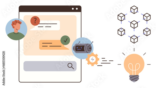Conversational chatbot interface, blockchain cubes, gear, and idea light bulb. Ideal for technology, AI, innovation, blockchain automation creative process communication. Simple flat metaphor