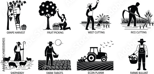 Agricultural silhouette set, grape harvest, fruit picking, wheat cutting, rice farming, shepherd, tractor plowing, seed sowing, rural lifestyle, farming