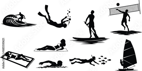 Beach activity silhouettes, surfing, scuba diving, paddleboarding, swimming, sunbathing, sailing, volleyball, ocean sports, water recreation, summer vacation