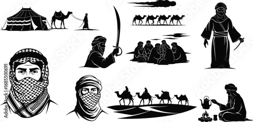Arabian desert culture illustration, Bedouin lifestyle, camels, traditional tent, sword, keffiyeh, tea ceremony, tribal gathering, nomadic journey
