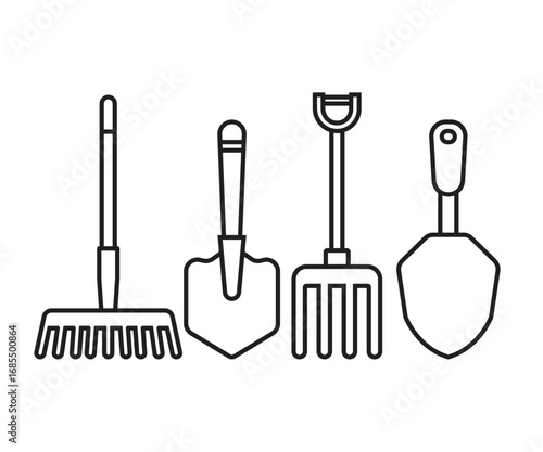 shovel and rake tool icons set