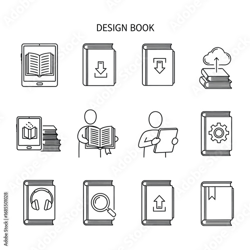 Digital Design Book Icon Set: Showcasing an illustrative design, a set of interconnected line art icons representing a digital design book, perfect for concepts related to education and information.