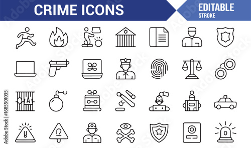 Editable vector crime icons including police car, gun, handcuffs, skull, and criminal activities