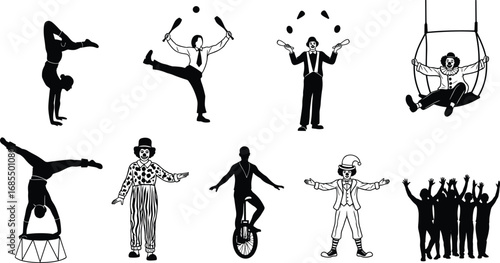 Circus performance silhouettes with clowns, jugglers, acrobats, unicyclists, crowd cheering, ring acts, circus entertainment, stage show, fun fair