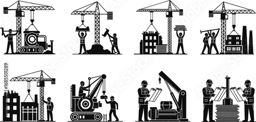 Construction site vector illustration, crane, workers, machinery, building process, blueprints, engineers, industrial development, heavy equipment, teamwork, architecture plan
