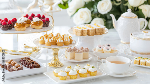 Wallpaper Mural Elegant afternoon tea setup featuring variety of desserts including cupcakes, pastries, and tea. arrangement is beautifully presented with floral Torontodigital.ca