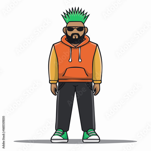 urban nigerian streetwear rebel with jet black mohawk neon green laces and silver septum ring bold vector style illustration