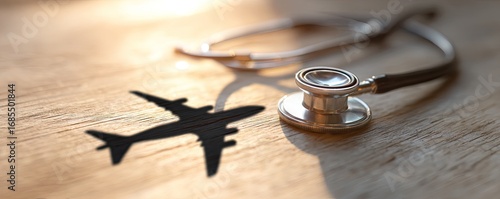 Medical travel concept,  airplane shadow on a wooden table with a stethoscope