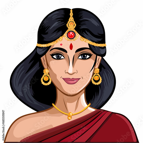 regal indian evening glam with crystal bindi and emerald clutch red gown elegance in flat vector portrait