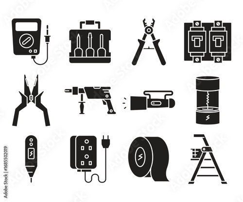 electrician tools and equipment icons set