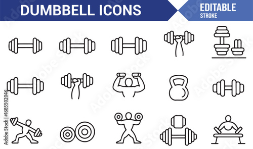Sports dumbbell icons in linear outline style with athlete, power, workout, endurance, and routine graphics