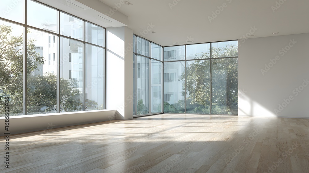 Fototapeta premium Spacious modern living room empty interior with large glass windows natural light streaming on wooden floor