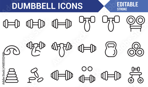 Modern stroke dumbbell icon set with sports equipment, gym exercise, resistance, and training symbols