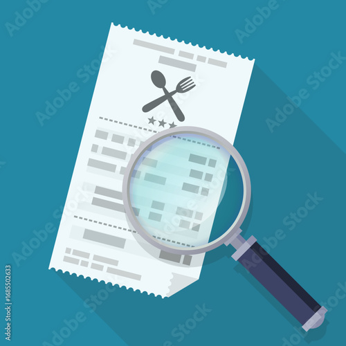 Restaurant note under a magnifying glass in flat design style on a blue background with long shadow