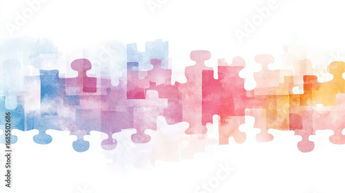 Vibrant watercolor puzzle design featuring interlocking pieces in shades of blue, pink, and orange, creating harmonious blend of colors