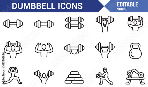 Editable vector dumbbell icons including strength, practice, workout, fitness, and competition graphics