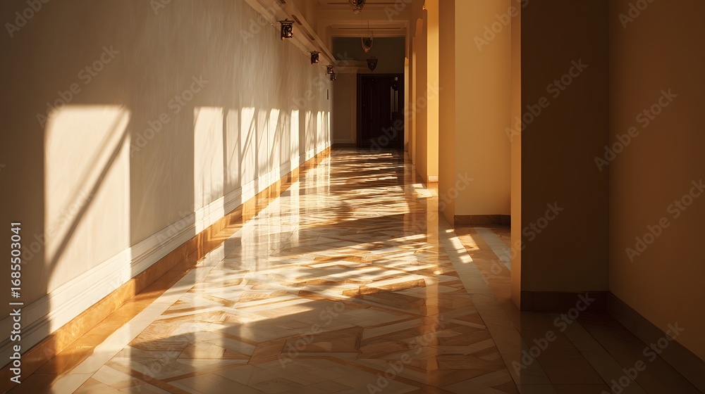 Fototapeta premium Sunlit empty interior corridor with long shadows geometric patterns on floor