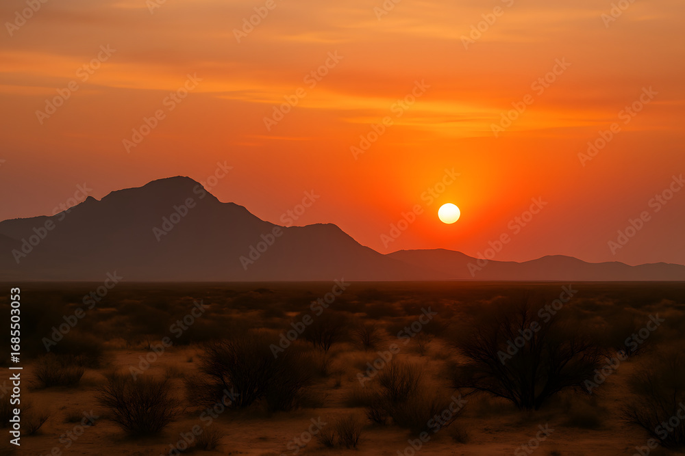 Obraz premium Texas Desert Sunset with Mountain Silhouette and Desert Brush