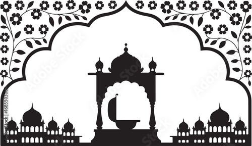 Silhouette of an Asian Temple with Floral Frame Against Transparent Background Vector