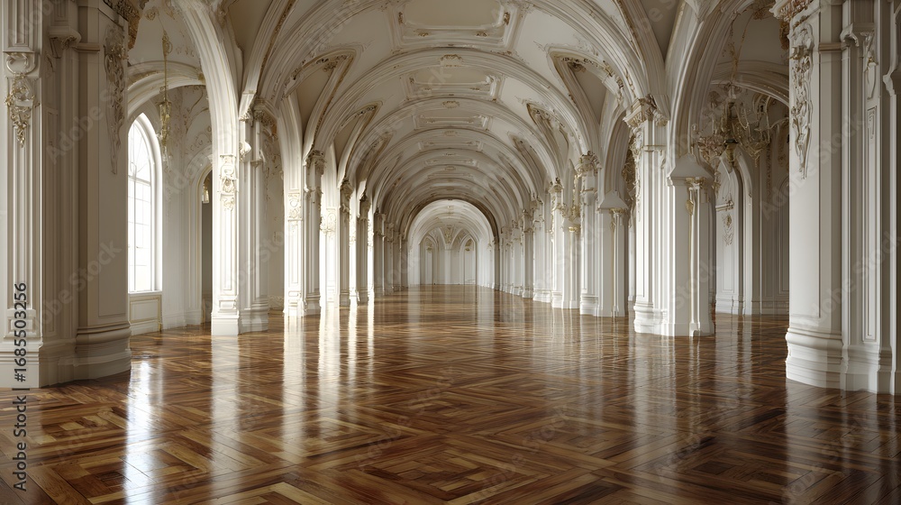 Obraz premium Classic European empty hall interior with tall arches polished wood floor