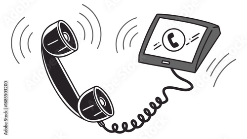 Illustration of a ringing telephone handset connected to a tablet also ringing with a call