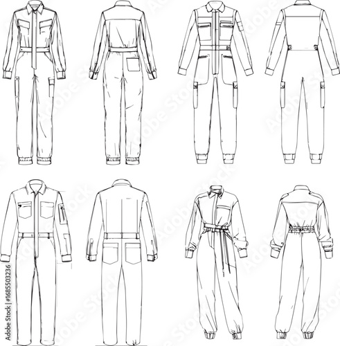 Vector art of fashion illustration of various jumpsuit designs