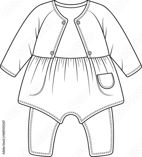 Baby girl romper with jacket style top, long sleeves, front pocket, snap buttons, cad fashion flat vector, kidswear template
