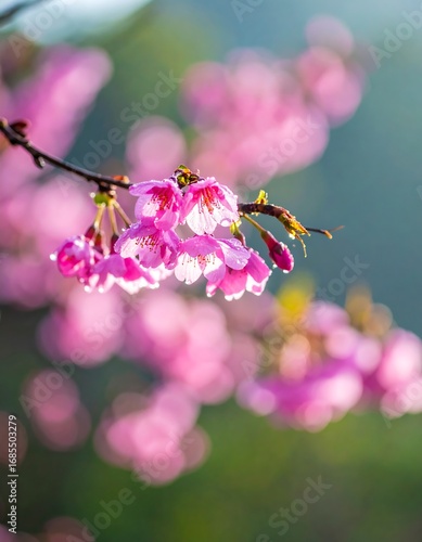 Delicate pink cherry blossoms in soft morning light