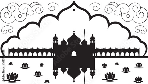 Silhouette of an Asian Temple with Lotus Frame Against Transparent Background Vector