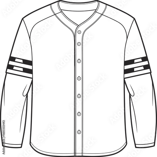 Baseball jersey flat vector illustration, long sleeve sports shirt, button front design, athletic apparel, team uniform sketch, casual wear, CAD drawing, flat vector style